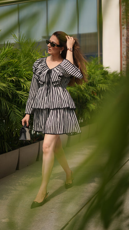 RUFFLE RAVE MINI DRESS- MONOCHROME