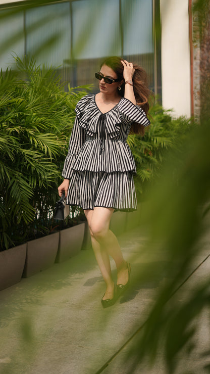 RUFFLE RAVE MINI DRESS- MONOCHROME